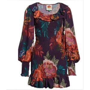 NWOT- Farm Rio Flower Scarves Smocked Long Sleeve Minidress – Size Medium